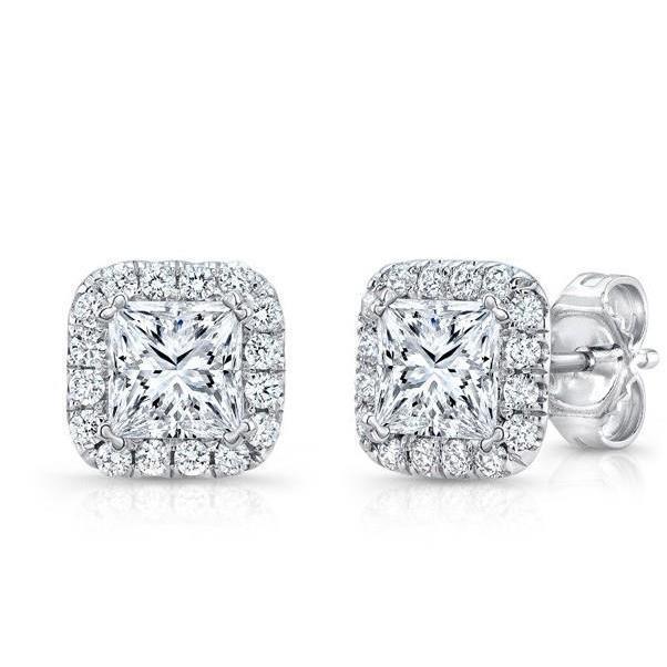 53642 2.32 CT Princess & Round Halo Diamond Stud Earring, 14K White Gold