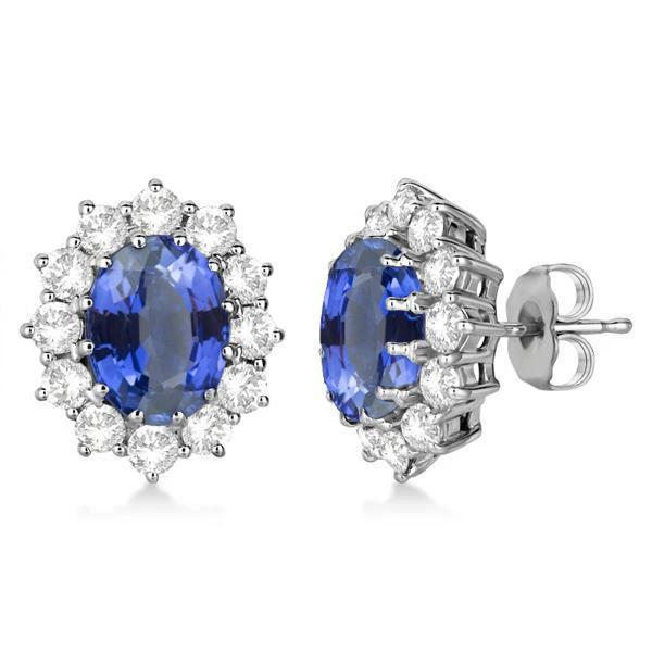 Sri Lanka Sapphire Oval & Round Pave Halo Diamond Stud Earrings, 14K White Gold