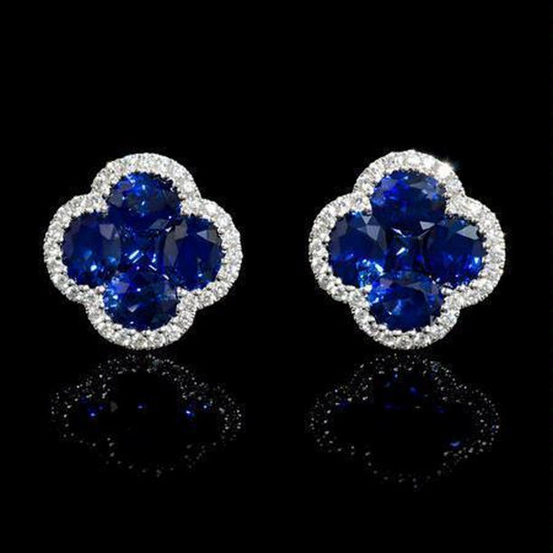 4.45 CT Sri Lanka Sapphire Diamond Cluster Womens Gold Earring