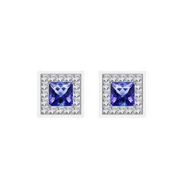 Diamond Halo Ceylon Blue Sapphire 4.60 CT Stud Earring, 14K White Gold