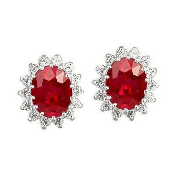 6.80 CT Red Ruby with Diamonds Stud Halo Earrings, 14K White Gold