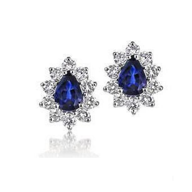 5.0 CT Pear Cut Sri Lankan Sapphire Halo Diamond Stud Earring, 14K White Gold