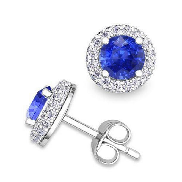 56269 Round Brilliant Cut 4.00 CT Ceylon Sapphire & Diamonds Halo Studs