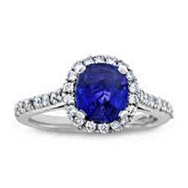 56293 Round 2.50 CT Blue Sapphire with Diamond Ring, 14K White Gold - Size 6.5