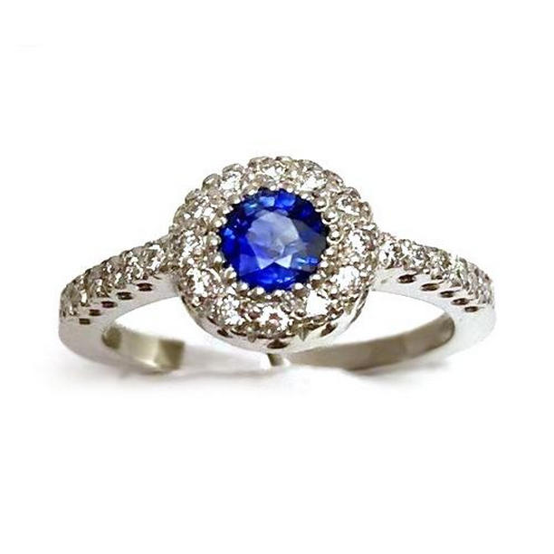 56294 2 CT Round Blue Ceylon Sapphire Diamond Ring, 14K White Gold - Size 6.5