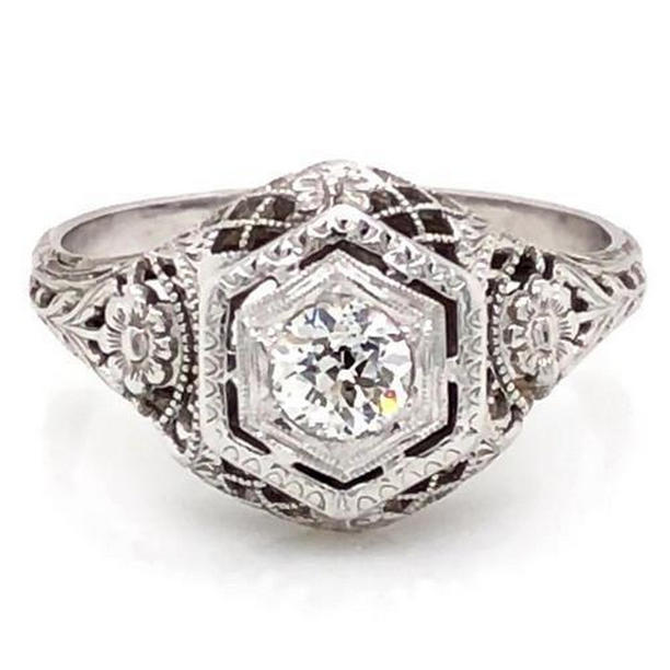 58194 Vintage Style Diamond 1 CT Filigree Engagement Ring, 14K White Gold - Size 6.5