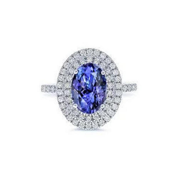 59516 4 CT Blue Oval Tanzanite Stone Diamond Wedding Ring, 14K White Gold - Size 6.5