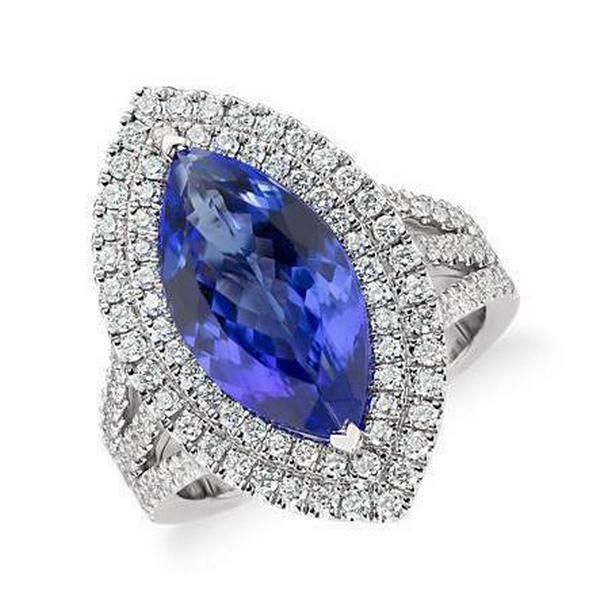 59517 6 CT Diamond with Marquise Cut Tanzanite Stone Ring, 14K White Gold - Size 6.5