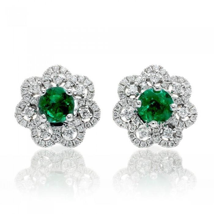 59556 5.50 CT Ladies Round Emerald with Diamond Stud Halo Earring