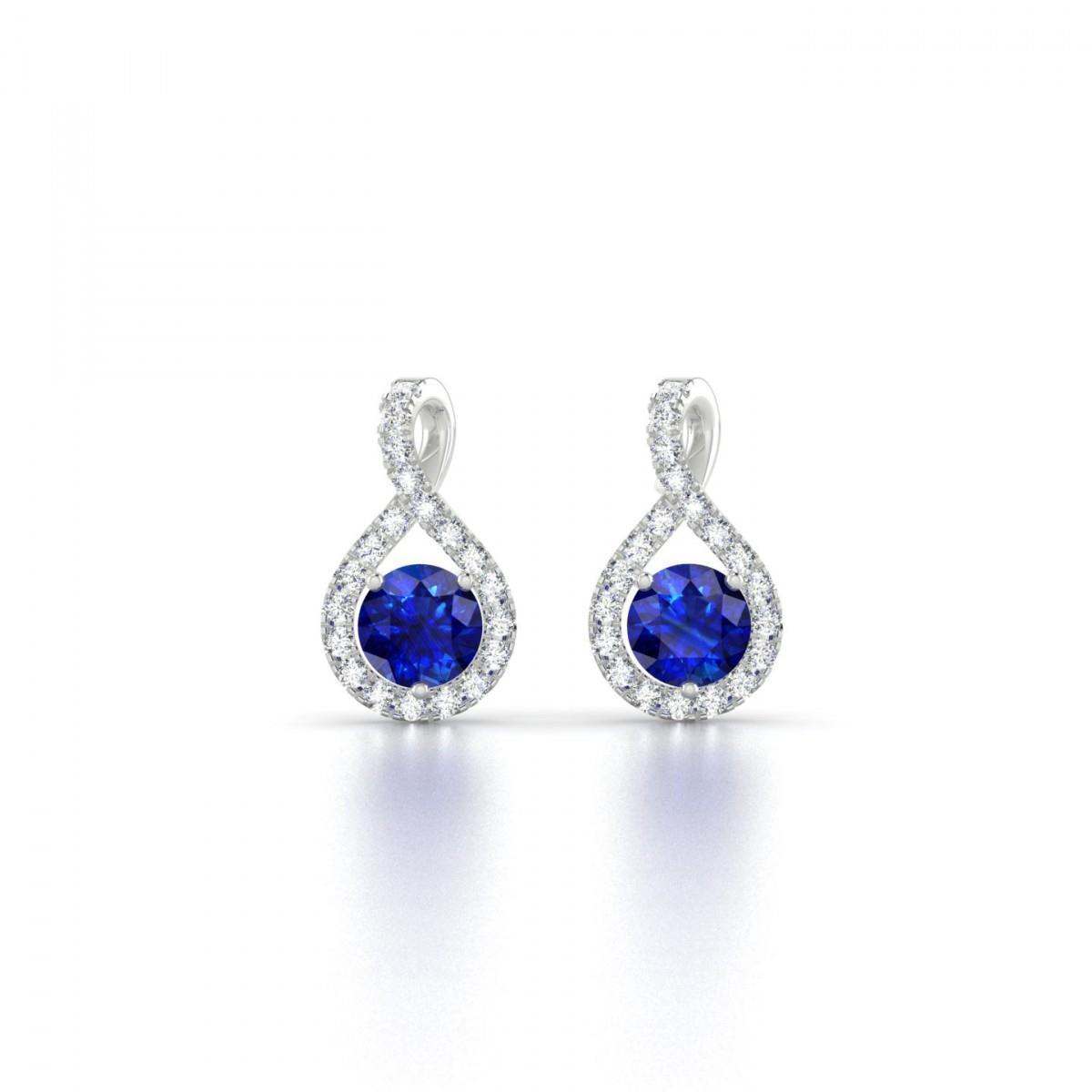 4 CT Round Cut Sapphire & Diamonds Stud Earrings, 14K Gold