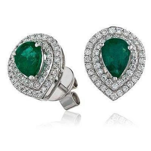 4 CT Pear Cut Green Emerald with Diamond Stud Earring, 14K White Gold