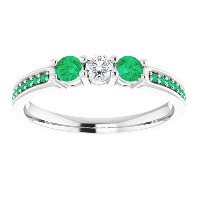 60338 3 Stone Round Diamond 1.07 CT Columbian Green Emerald Ring, Size 6.5