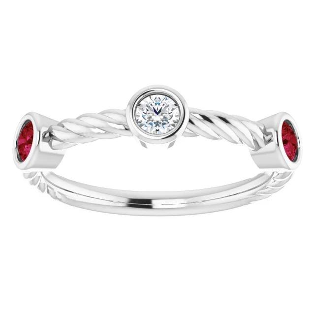 60339 3 Stone Diamond Ruby 0.90 CT Rope Twisted Ring, Size 6.5