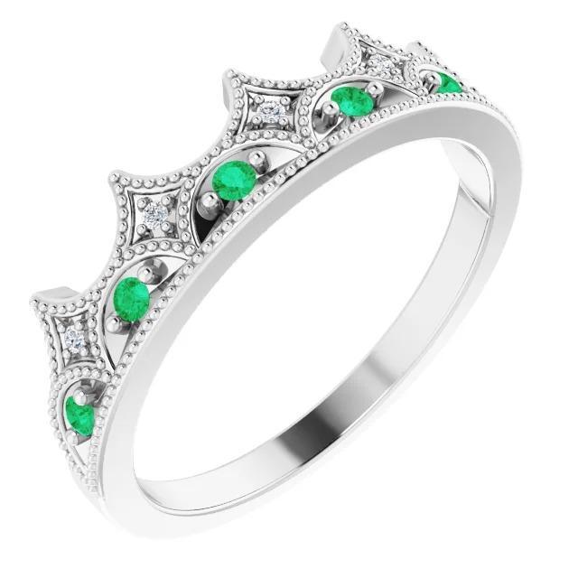60348 0.75 CT Crown Style Green Emerald Wedding Band, Size 6.5