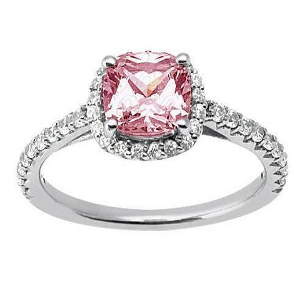 14K White Gold 3.01 CT Cushion Pink Gemstone Wedding Ring, Size 6.5