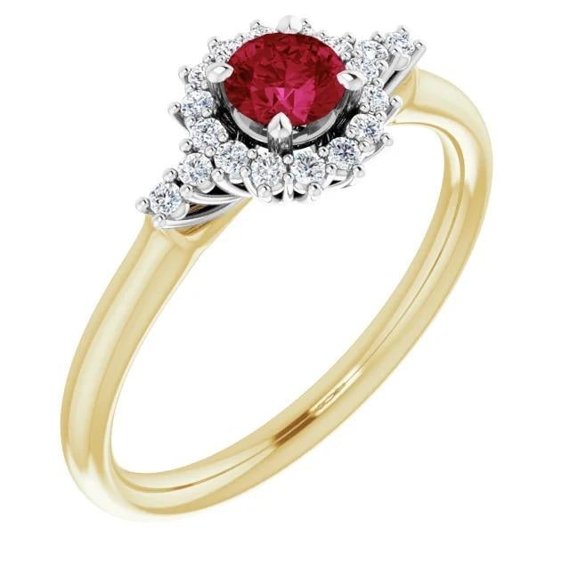 61209 1.50 CT Diamond Round Ruby Halo Style Gold 14K Ring, Size 6.5