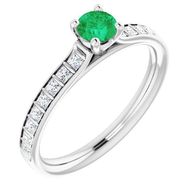 61216 2 CT Round Green Emerald Diamond Ring, 14K White Gold - Size 6.5