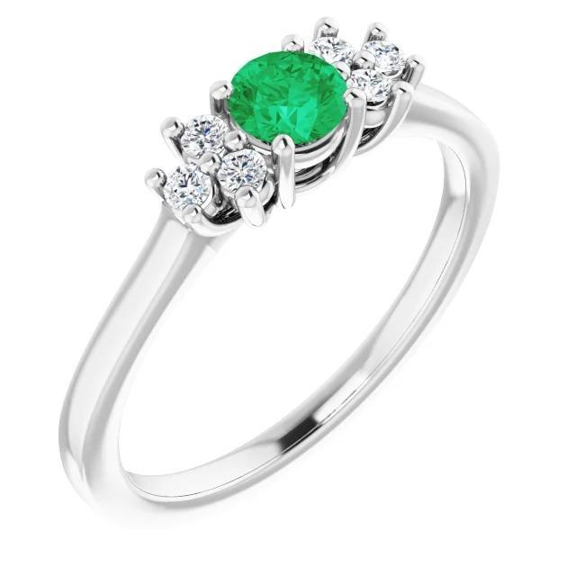 61219 1.50 CT Diamond & Round Green Emerald Stone Ring, Size 6.5