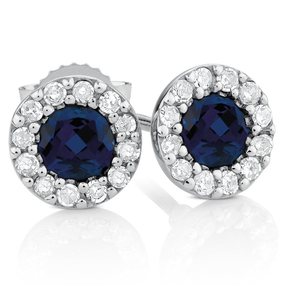 4 CT Sri Lanka Sapphire with Diamond Stud Earring, 14K White Gold