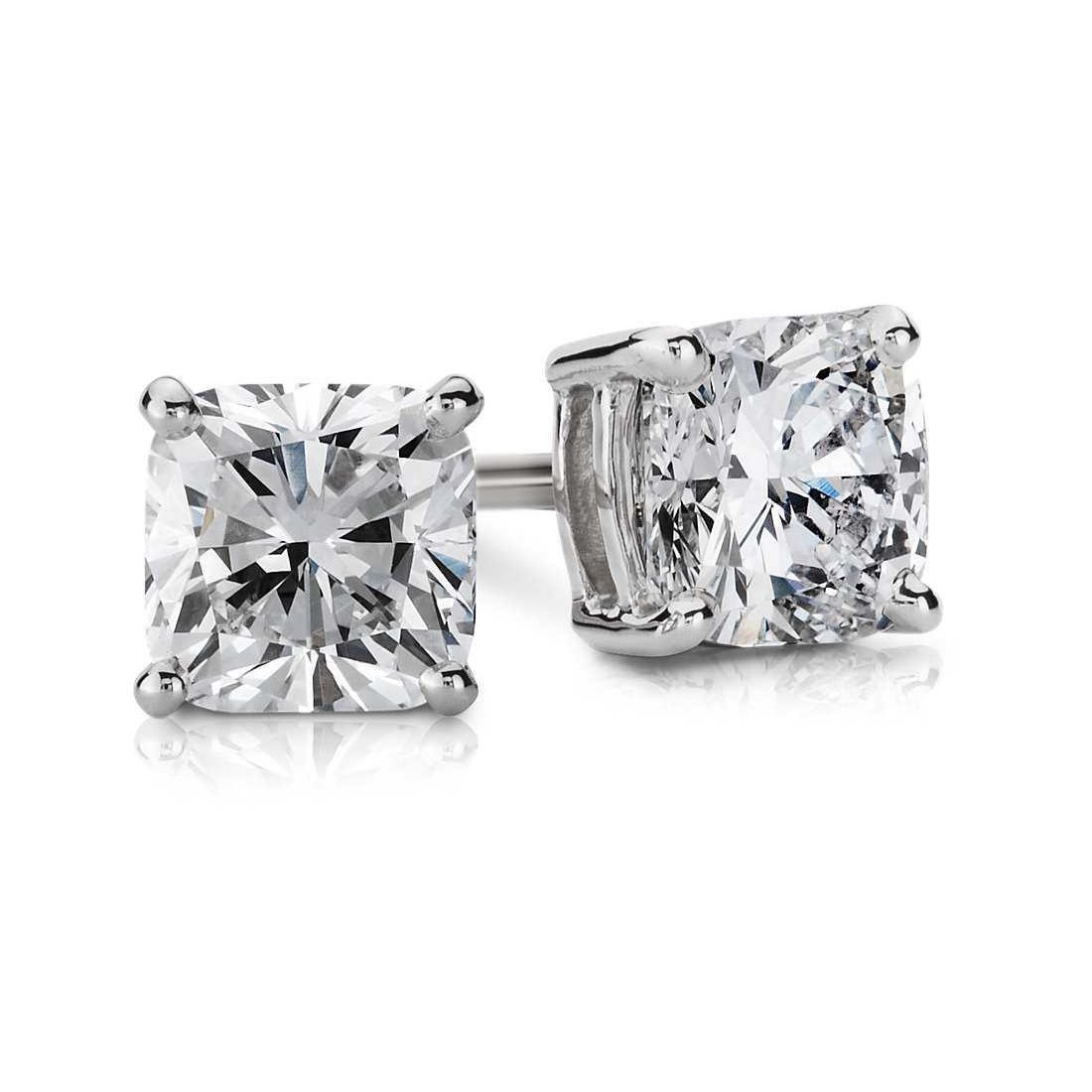 61276 Prong Set 2 CT Cushion Cut Solid Diamond Stud Earring, 14K White Gold