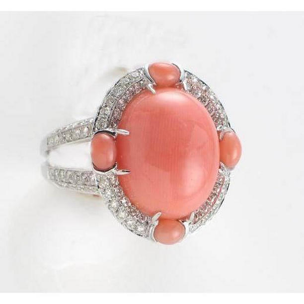 10 CT Natural Coral & Diamonds Engagement Ring, 14K White Gold - Size 6.5