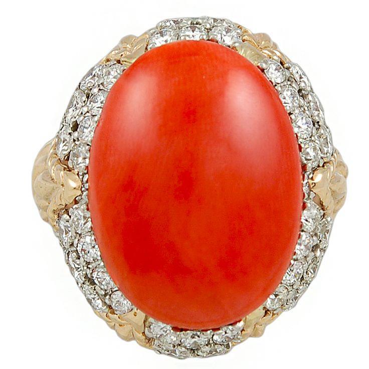 61910 Oval Red Coral with Diamonds 11.20 CT Wedding Ring, 14K Yellow Gold - Size 6.5