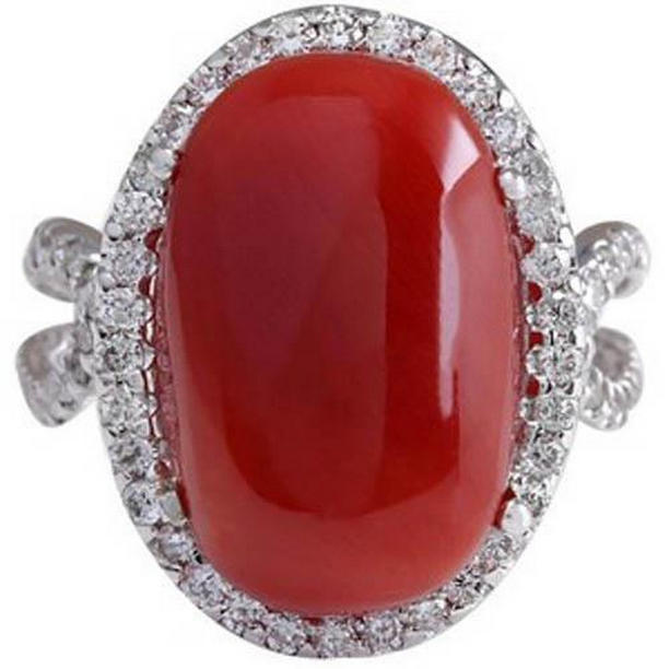 Solitaire with Accent 13.75 CT Red Coral & Diamonds Ring, Size 6.5