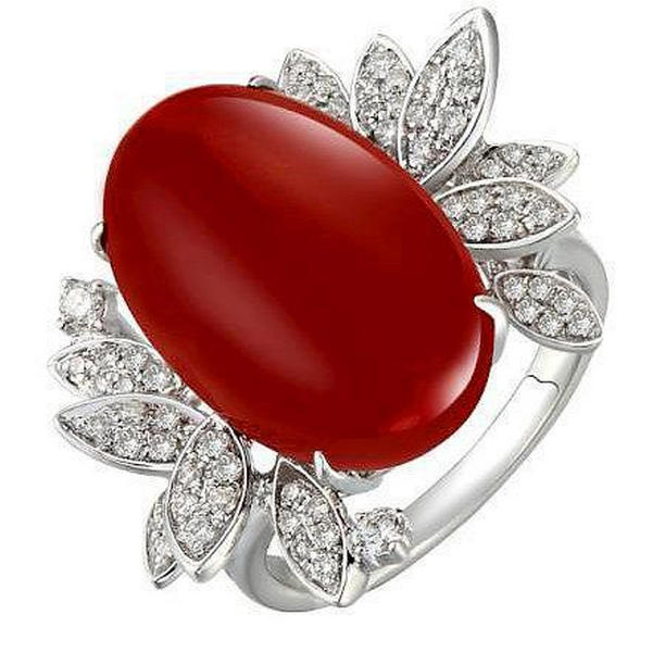 Flower Style 13 CT Red Coral with Diamonds Wedding Ring, 14K White Gold - Size 6.5