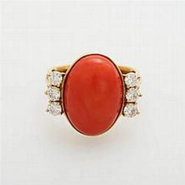 61915 10.25 CT Big Red Coral with Diamonds Ring, 14K Yellow Gold - Size 6.5