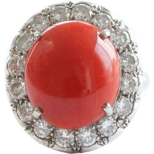 61917 11.25 CT Round Cut Red Coral & Diamonds Wedding Ring, 14K Gold - Size 6.5