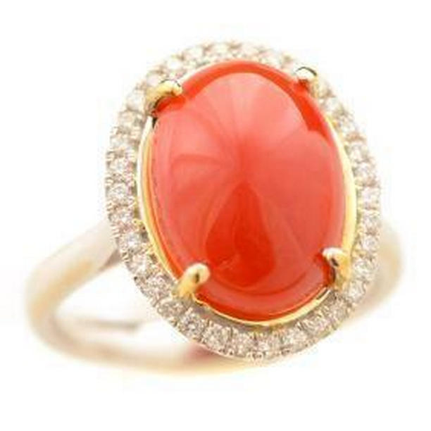 12.50 CT Red Coral with Diamonds 14K Yellow Gold Wedding Ring, Size 6.5