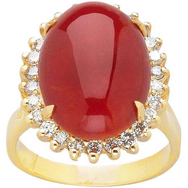 13.25 CT Solitaire Ring with Accent Red Coral & Diamonds, Yellow Gold - Size 6.5