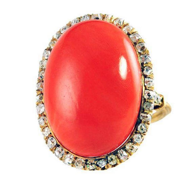 61924 Oval Cut Red Coral & Round Diamonds 14 CT Ring, 14K Yellow Gold - Size 6.5