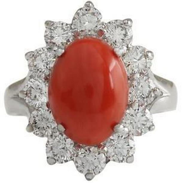 61925 White Gold 16.50 CT Solitaire with Accent Red Coral & Diamonds Ring, Size 6.5