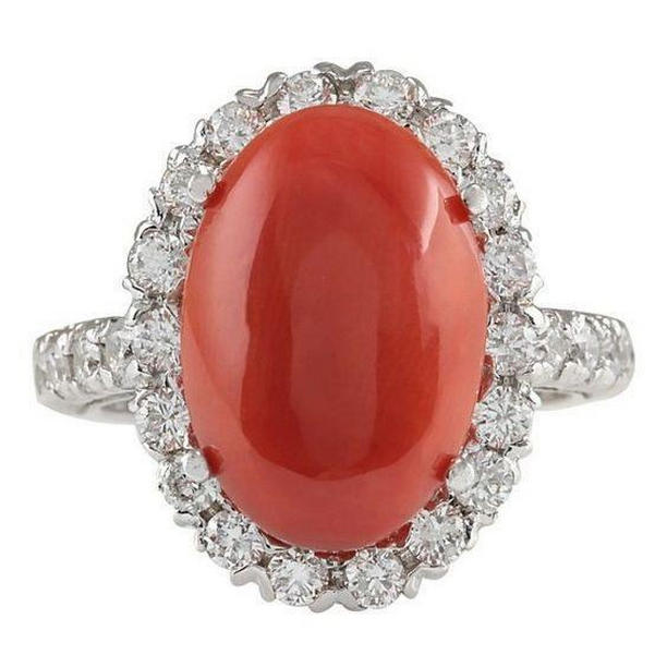 15.25 CT Red Coral & Diamonds Wedding Ring Prong Set, White Gold - Size 6.5