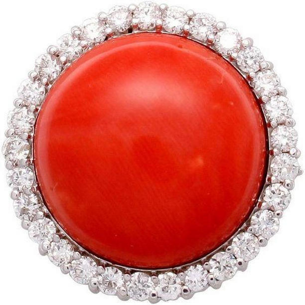 14K White Gold 15 CT Red Coral & Diamonds Engagement Ring, Size 6.5