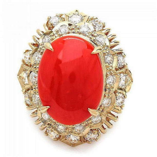 61929 13.50 CT Oval Red Coral with Round Diamonds Ring, 14K Yellow Gold - Size 6.5
