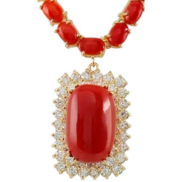 Picture of Harry Chad Enterprises 61934 14K Yellow Gold 50.75 CT Red Coral with Diamonds Womens Necklace