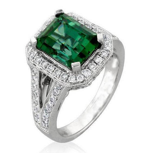 61938 14K White Gold 9 CT Green Tourmaline & Diamonds Ring, Size 6.5