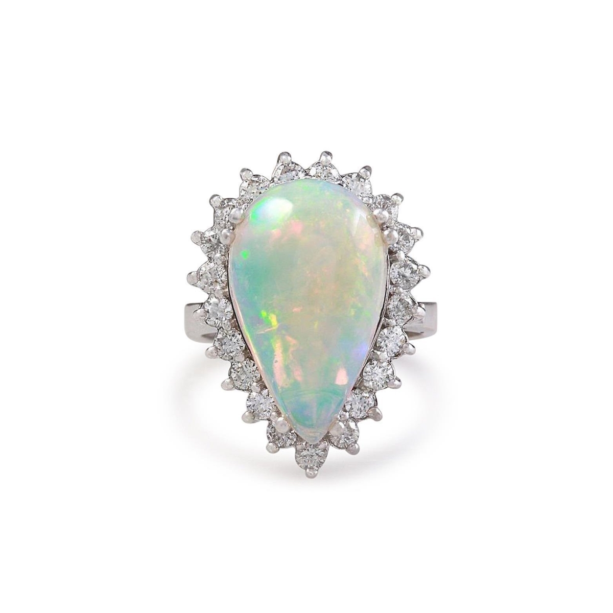 61955 14.25 CT Ladies Pear Opal & Round Diamonds Ring, 14K White Gold - Size 6.5