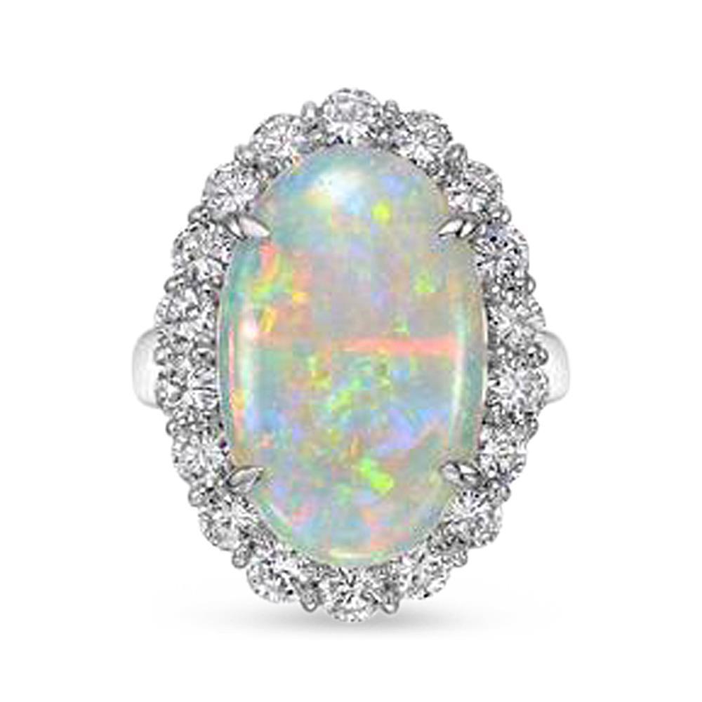 61960 12.50 CT Opal & Diamonds Wedding Ring, 14K White Gold - Size 6.5