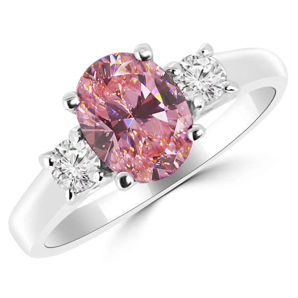 2.50 CT Oval Pink Sapphire Diamond 3 Stone Ring, 14K White Gold - Size 6.5