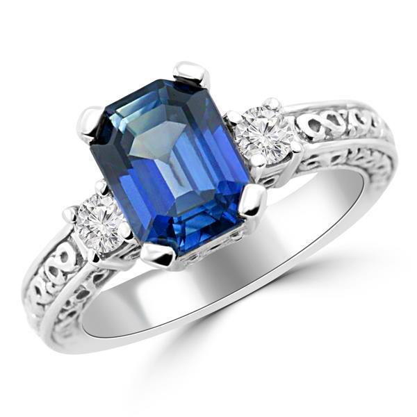 2.50 CT Blue Emerald Cut Sapphire & Diamond 3 Stone Ring, Gold - Size 6.5