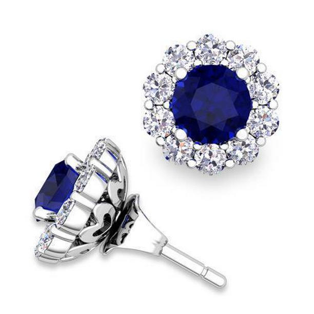 Ladies 6 CT Sapphire & Diamonds Stud Earrings, 14K White Gold