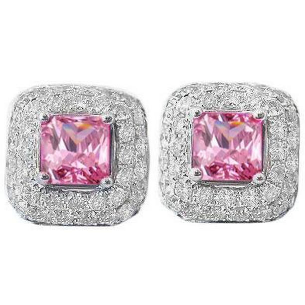 Round Cut 5 CT Pink Sapphire with Diamonds Stud Earring, 14K Gold
