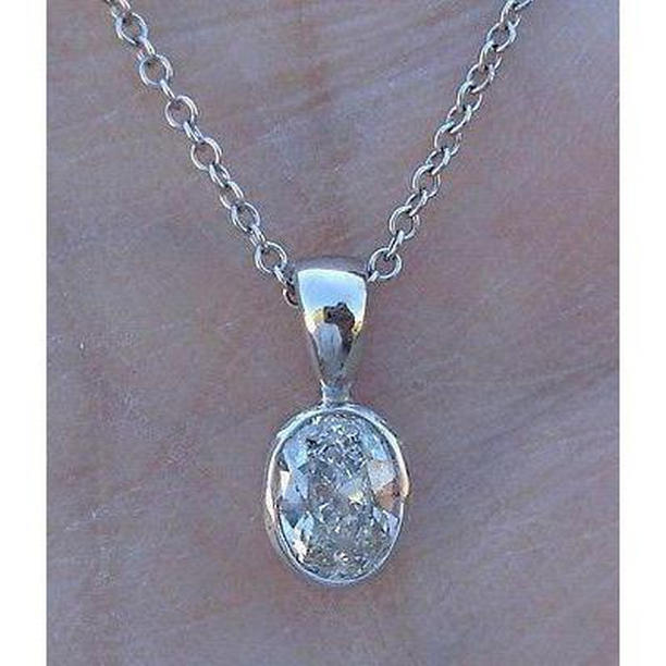 63249 Beautiful Oval Diamond Necklace 2 CT Bezel Set, 14K White Gold