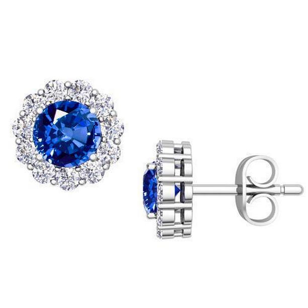 5.20 CT Sapphire & Diamond Stud Halo Earring, 14K White Gold