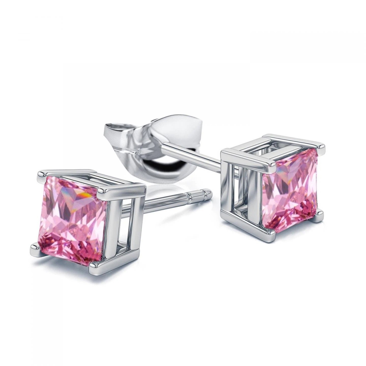 Princess Cut Prong Set 4 CT Pink Sapphire Stud Earrings, White Gold