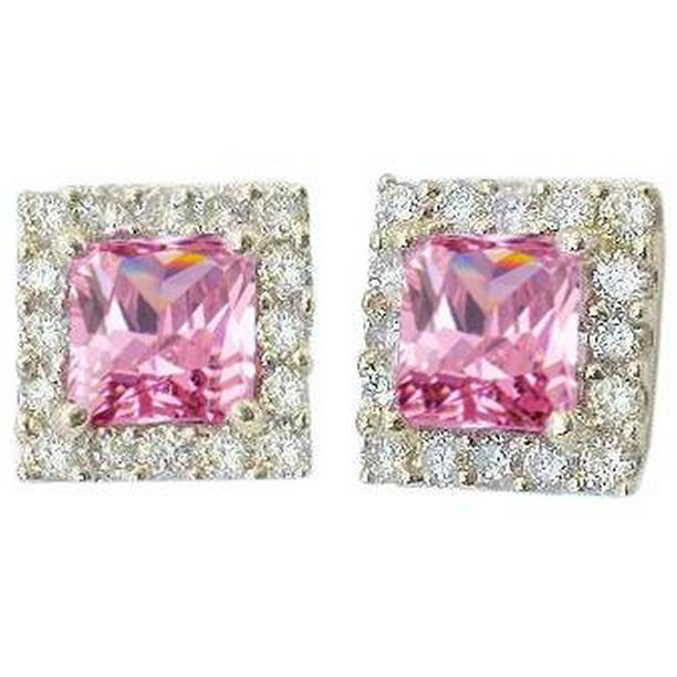 Pink Sapphire 5 CT Ladies Stud Halo Earrings, 14K White Gold