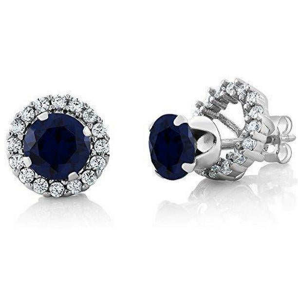 Round Cut Sapphire & Diamonds 3.50 CT Stud Earrings, 14K White Gold